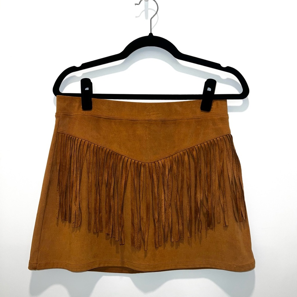 Fringed Tan Suede Mini Skirt